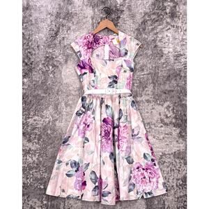 Bernie Dexter Dress XS Womens Purple Rose Floral Cotton Woven Belted Retro